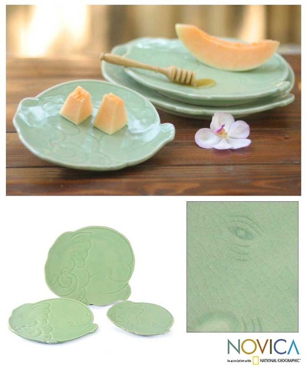 Handmade Celadon Ceramic Plates Set of 3 'Green Elephants'