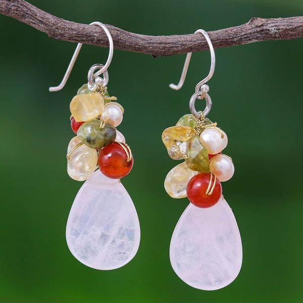 Alternate image for Quartz Carnelian Citrine Cluster Earrings Tropical Garden