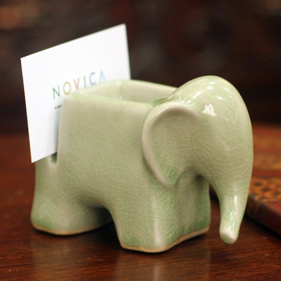 Celadon Ceramic Card Holder 'Green Elephant'