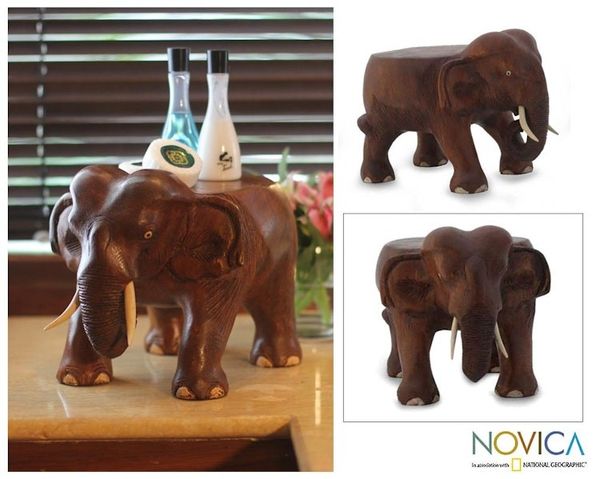 Alternate image for Hand Carved Wood Stand Thai Elephant