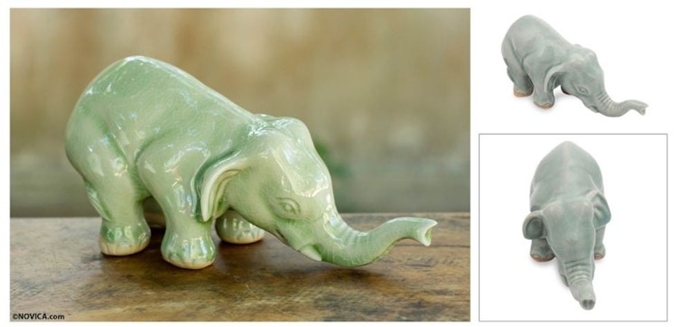 Collectible Thai Celadon Ceramic Sculpture 'Green Elephant Sawasdee'