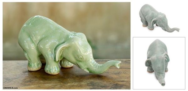 Alternate image for Collectible Thai Celadon Ceramic Sculpture Green Elephant Sawasdee
