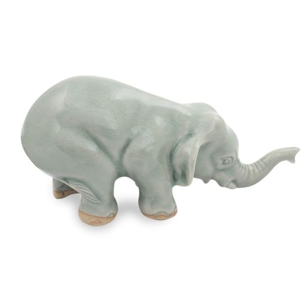 Alternate image for Collectible Thai Celadon Ceramic Sculpture Green Elephant Sawasdee