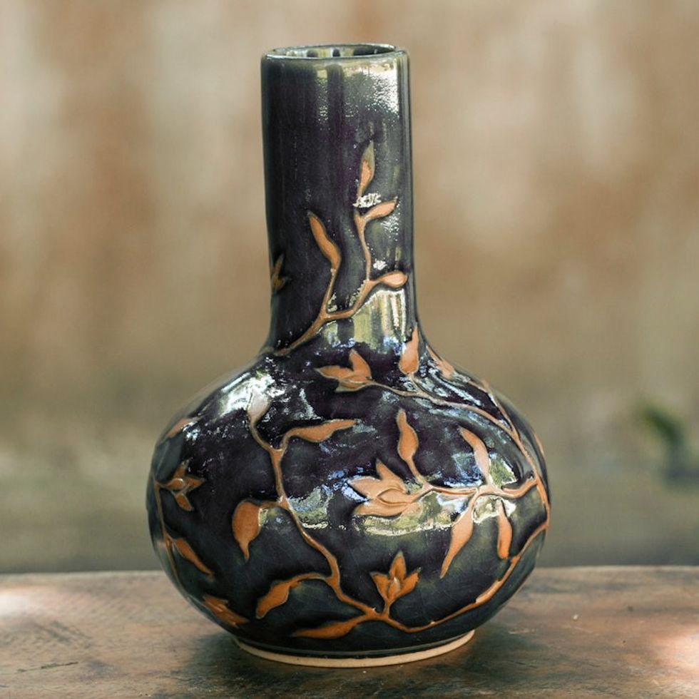 Hand Crafted Dark Green Glazed Celadon Vase 'Forest Blooms'