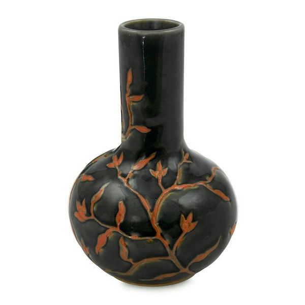 Alternate image for Hand Crafted Dark Green Glazed Celadon Vase Forest Blooms