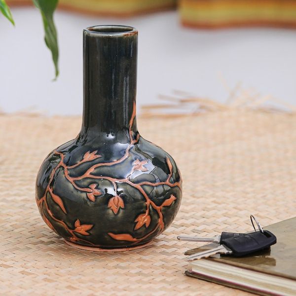 Alternate image for Hand Crafted Dark Green Glazed Celadon Vase Forest Blooms