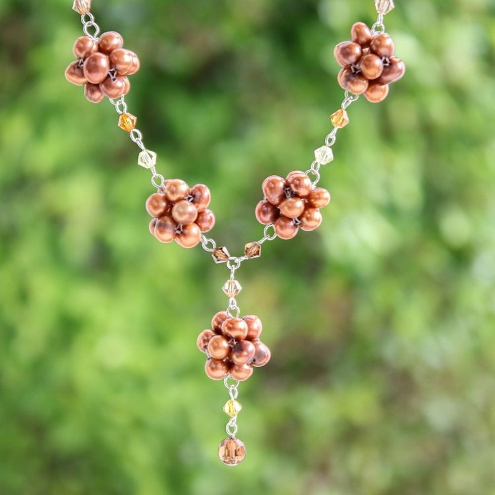 Unique Floral Y Necklace from Thailand 'Bronze Mums'