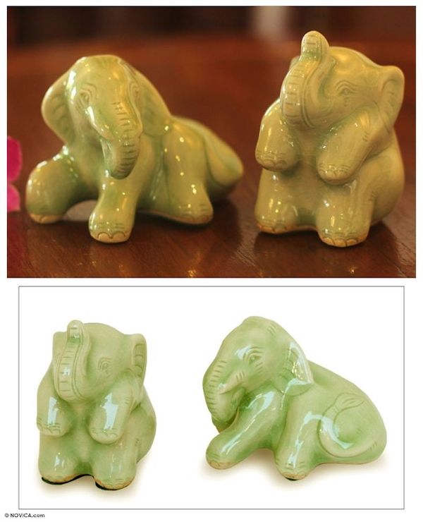 Alternate image for Celadon ceramic figurines Pair Elephant Play Time