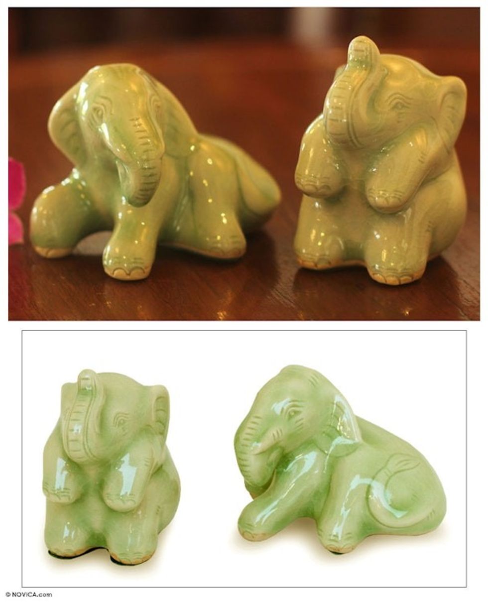 Celadon ceramic figurines Pair 'Elephant Play Time'