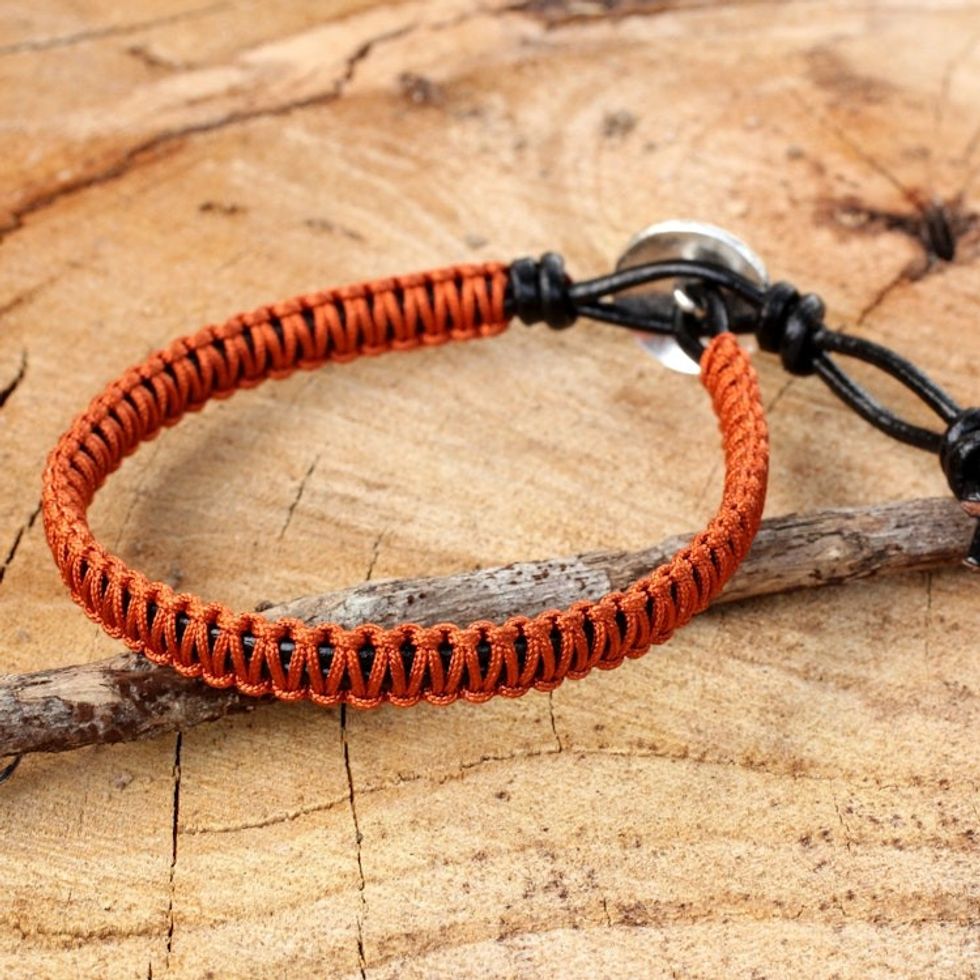 Orange Macrame on Leather Bracelet with Silver Button 'Orange Om'