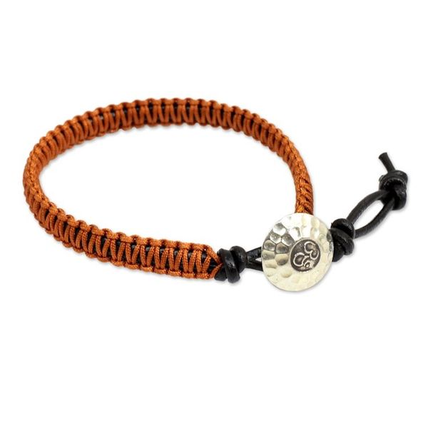 Alternate image for Orange Macrame on Leather Bracelet with Silver Button Orange Om