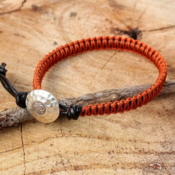 Alternate image for Orange Macrame on Leather Bracelet with Silver Button Orange Om