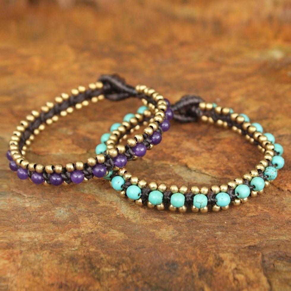 Hand Made Quartz and Resin Beaded Bracelets Pair 'Blue Purple Aryuveda'