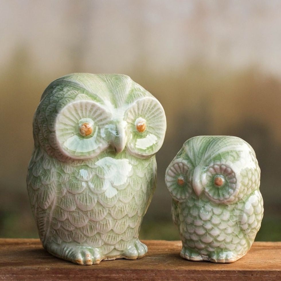 Celadon Ceramic Figurines from Thailand pair 'Little Light Green Owls'