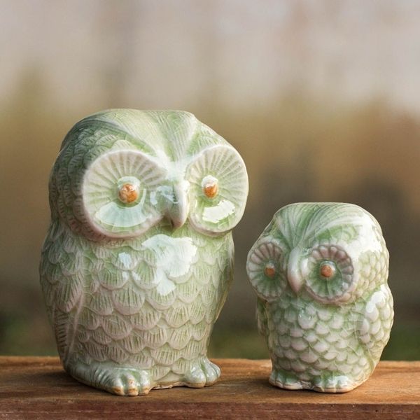 Alternate image for Celadon Ceramic Figurines from Thailand pair Little Light Green Owls