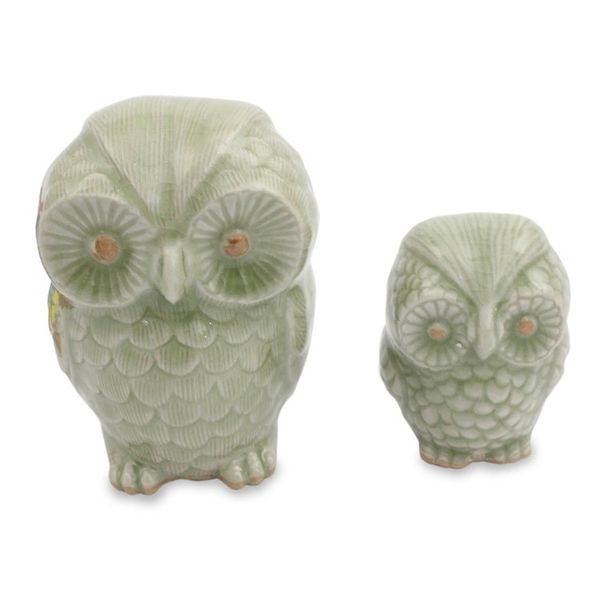 Alternate image for Celadon Ceramic Figurines from Thailand pair Little Light Green Owls
