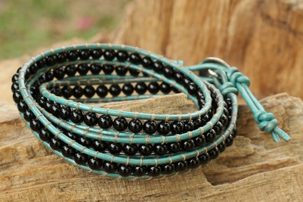 Onyx and Leather Wrap Bracelet Thai Artisan Jewelry 'Inner Balance'