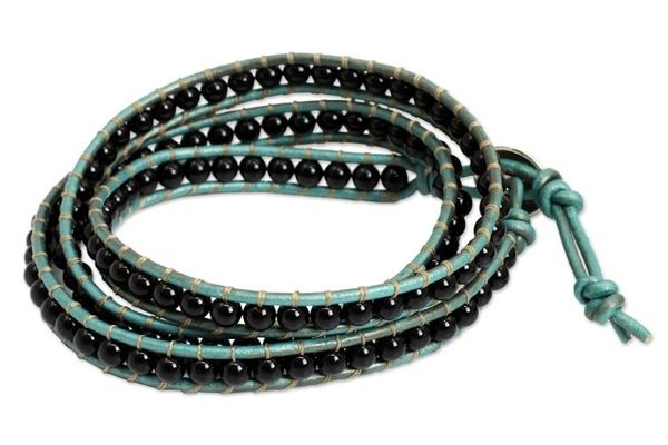 Alternate image for Onyx and Leather Wrap Bracelet Thai Artisan Jewelry Inner Balance