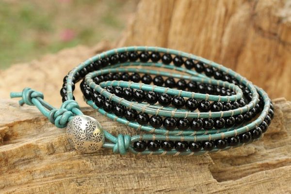 Alternate image for Onyx and Leather Wrap Bracelet Thai Artisan Jewelry Inner Balance