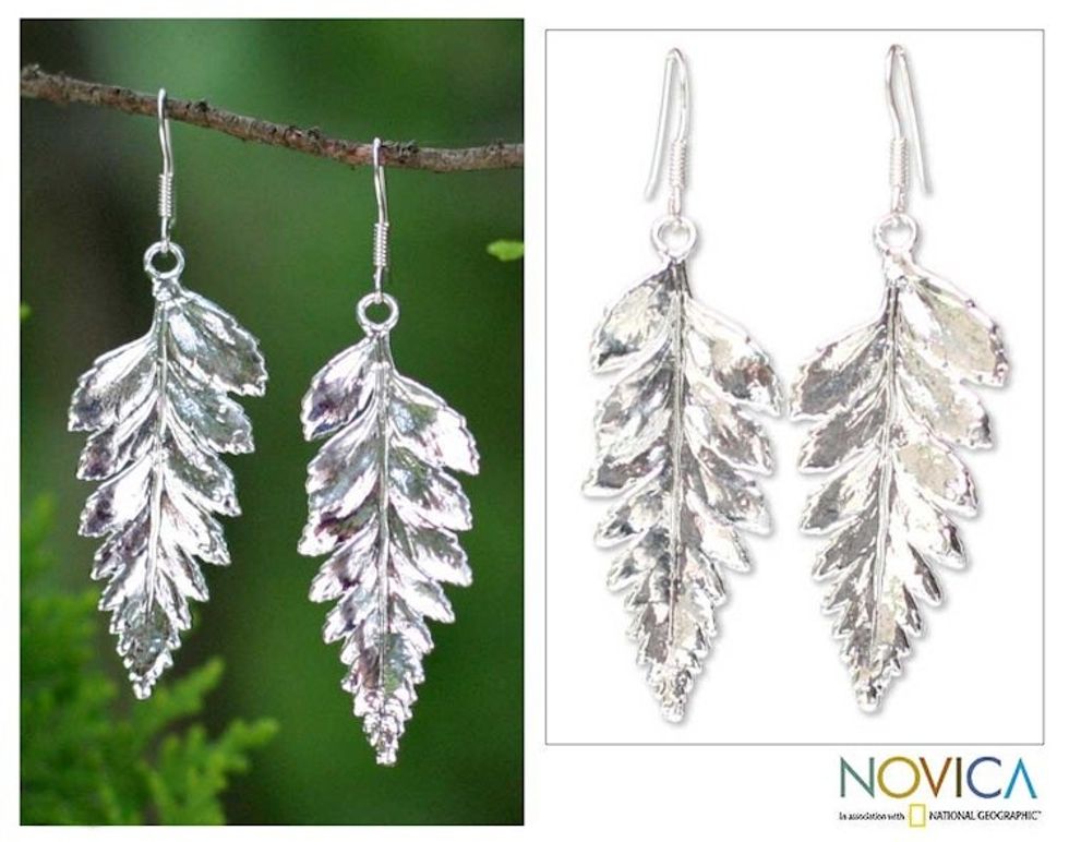 Silver Plated Natural Leaf Earrings 'Fern Love'