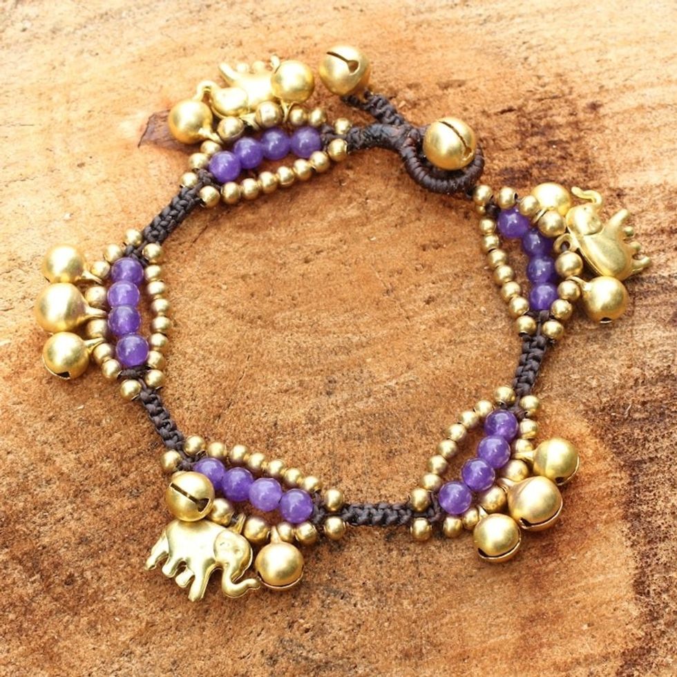 Elephant and Bell Charm Bracelet in Purple Quartz and Brass 'Fortune's Melody'
