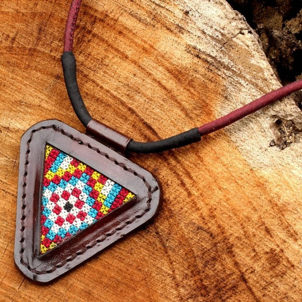 Artisan Crafted Cotton and Leather Necklace 'Vibrant Hill Tribe'