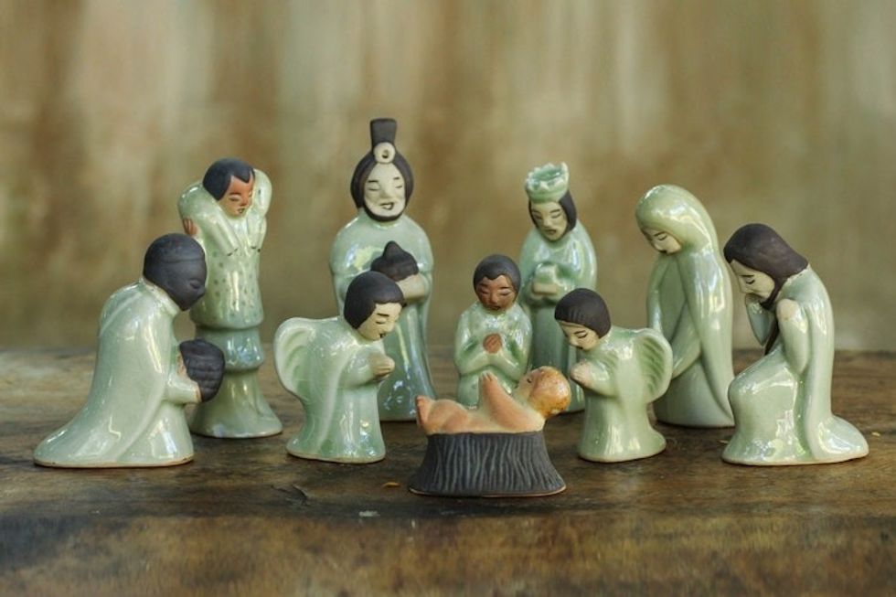 Unique 10-piece Celadon Ceramic Nativity Scene 'Siam Holy Birth in Green'