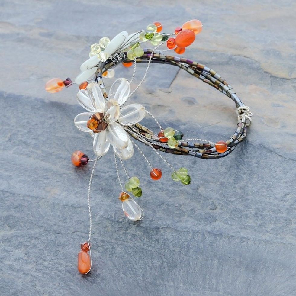 Carnelian and Citrine Beaded Flower Bracelet 'Blossoming Web'