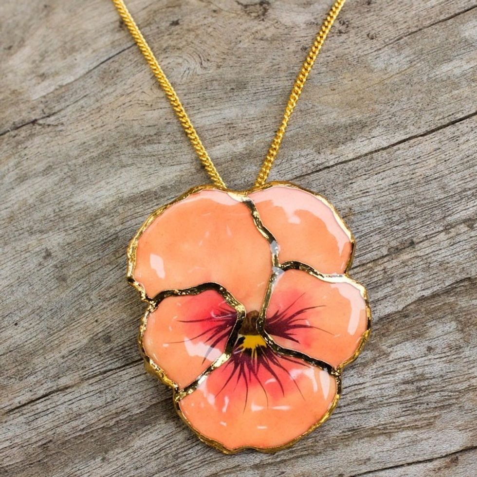 Natural Flower Pendant Necklace from Thailand 'Peach Pansy'