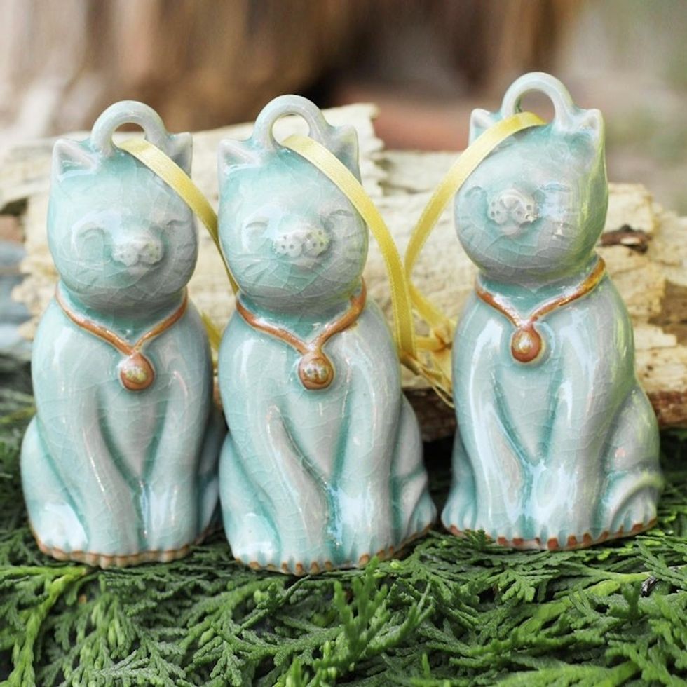 Artisan Crafted Celadon Ceramic Ornaments set of 3 'Light Blue Festive Cats'