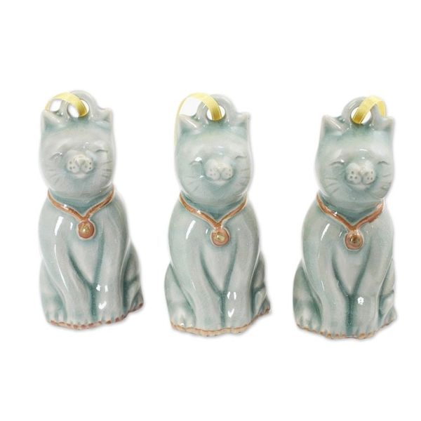 Alternate image for Artisan Crafted Celadon Ceramic Ornaments set of 3 Light Blue Festive Cats