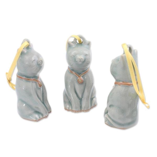Alternate image for Artisan Crafted Celadon Ceramic Ornaments set of 3 Light Blue Festive Cats