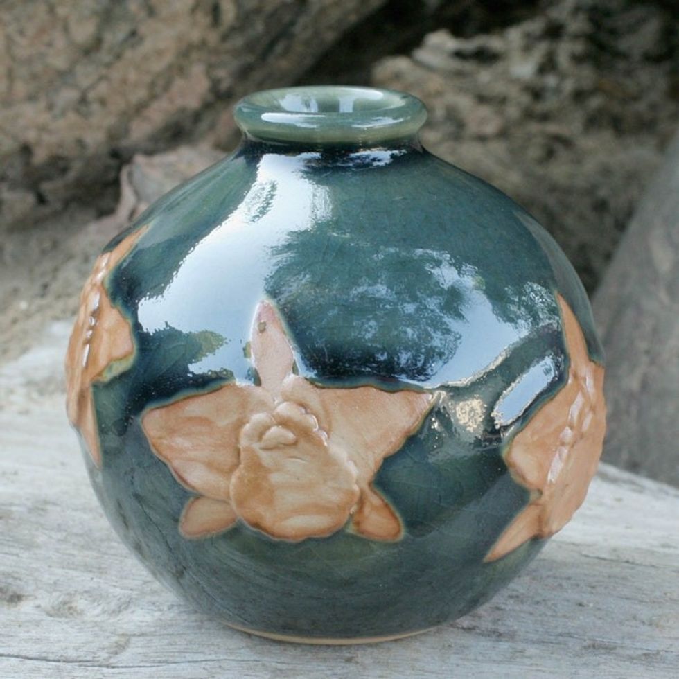 Artisan Crafted Celadon Ceramic Vase from Thailand 'Orchid in Dark Green Splendor'