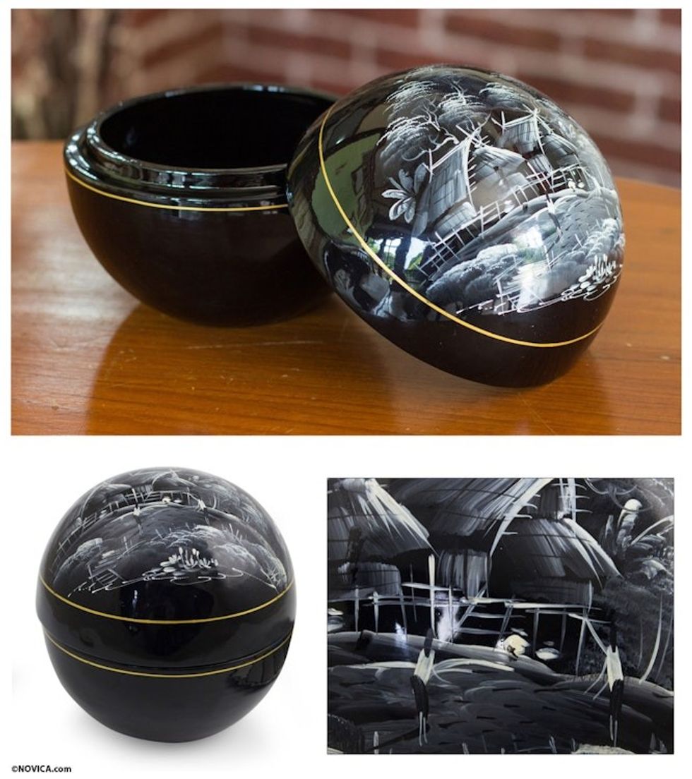 Thai Lacquered Wood Round Decorative Box Handpainted Village 'Shadow Village'