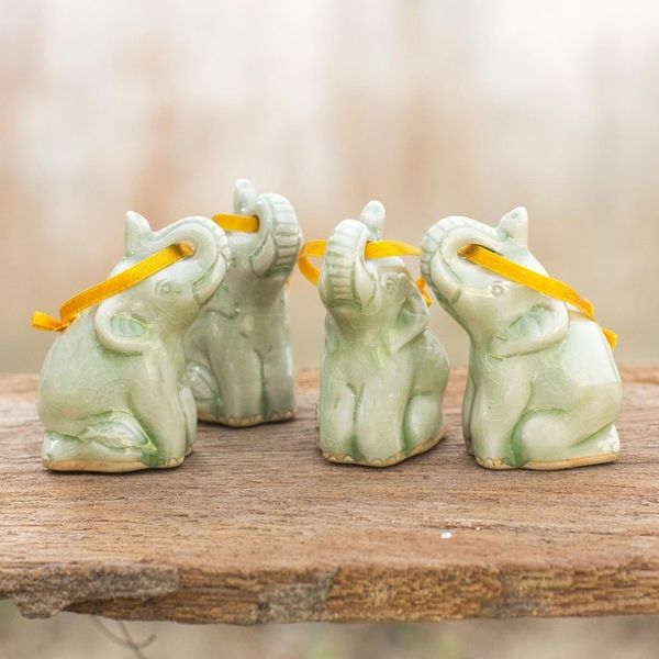 Alternate image for Hand Made Celadon Ceramic Christmas Ornaments Set of 4 Green Elephant Heralds
