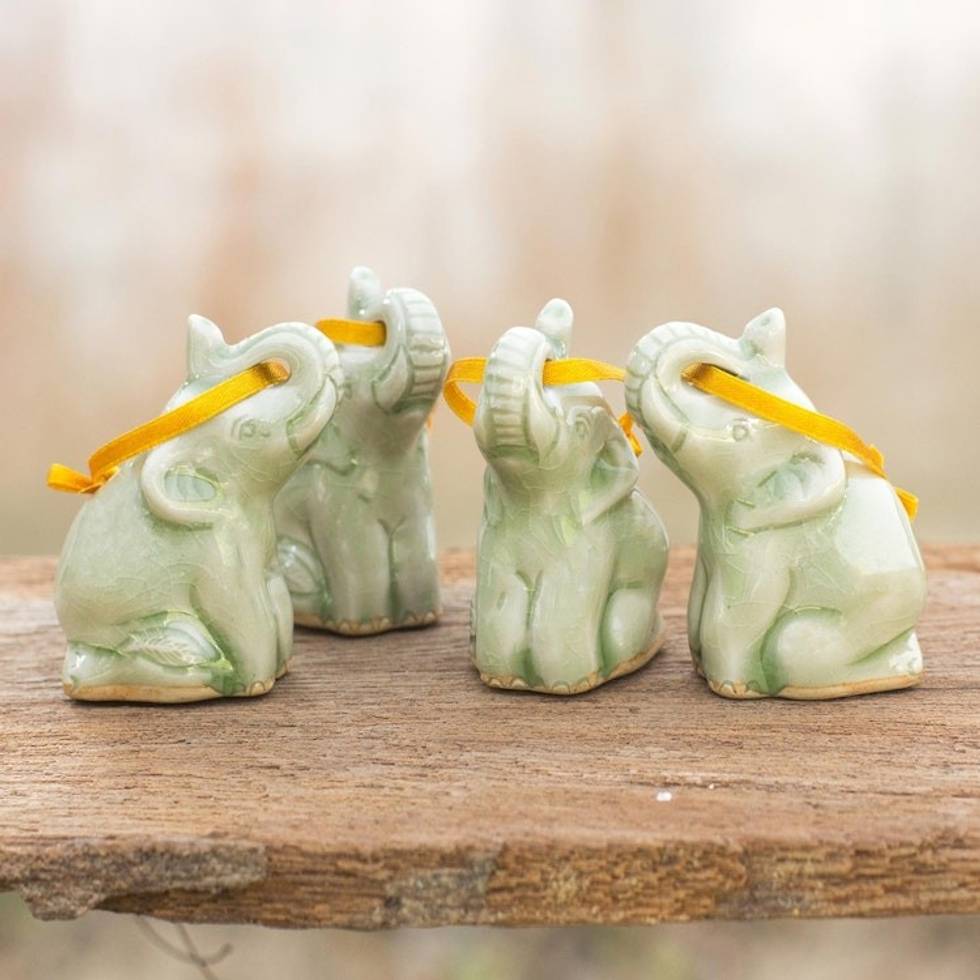 Hand Made Celadon Ceramic Christmas Ornaments Set of 4 'Green Elephant Heralds'