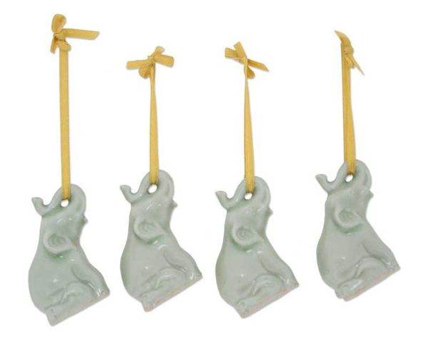Alternate image for Hand Made Celadon Ceramic Christmas Ornaments Set of 4 Green Elephant Heralds