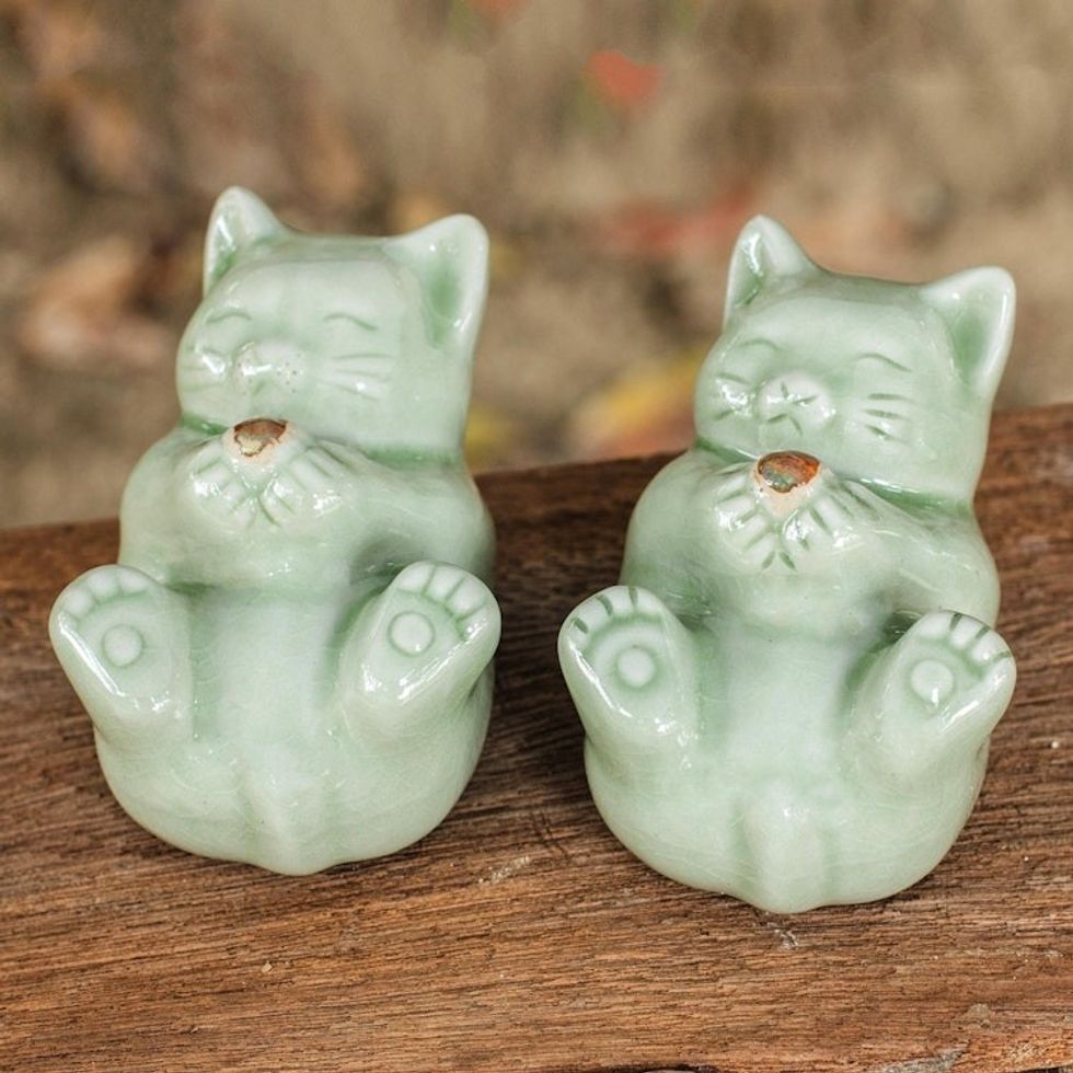 Celadon Ceramic Cat Statuettes Pair 'Playful Kitties'