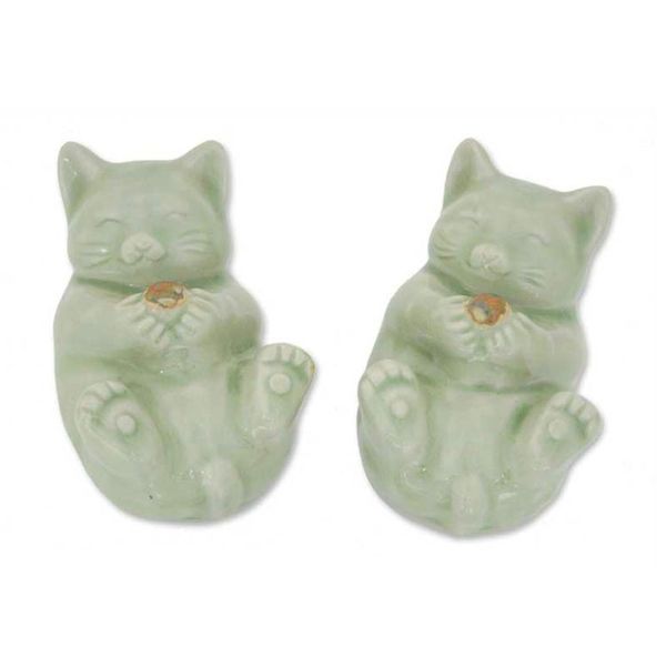 Alternate image for Celadon Ceramic Cat Statuettes Pair Playful Kitties