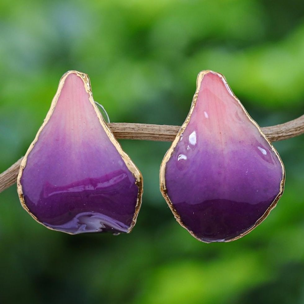 Gold Plated Natural Orchid Earrings 'Purple Tears'
