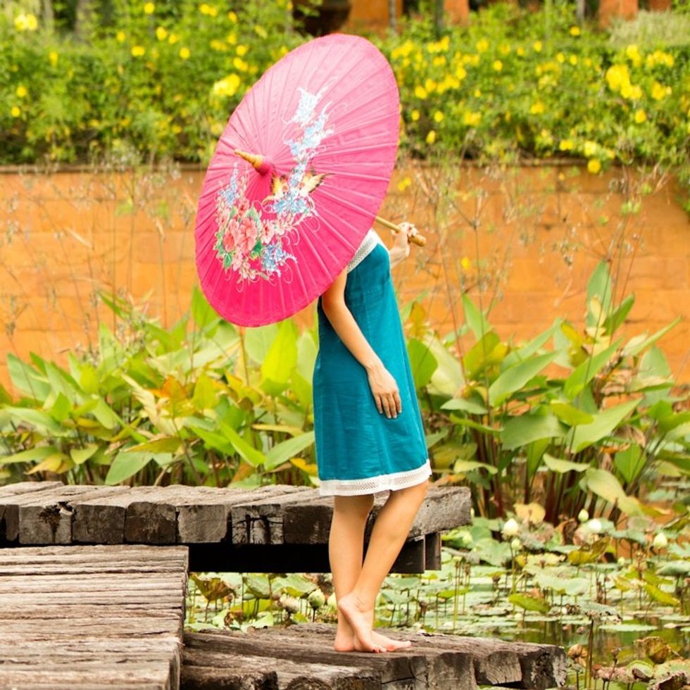 Hand Painted Saa Paper Parasol in Deep Rose 'Rose Chiang Mai Floral'