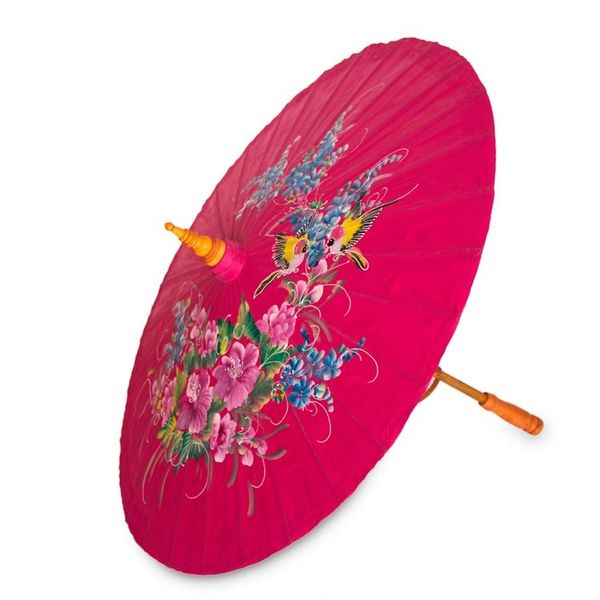 Alternate image for Hand Painted Saa Paper Parasol in Deep Rose Rose Chiang Mai Floral