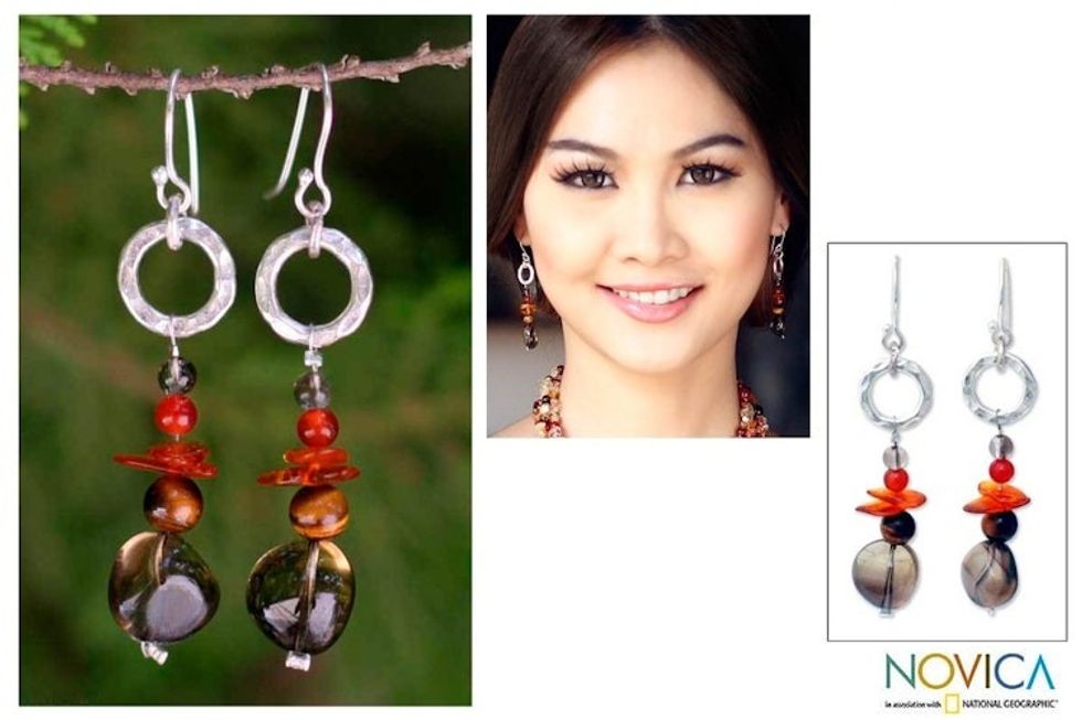 Hand Made Sterling Silver and Amber Dangle Earrings 'Thai Exotic'