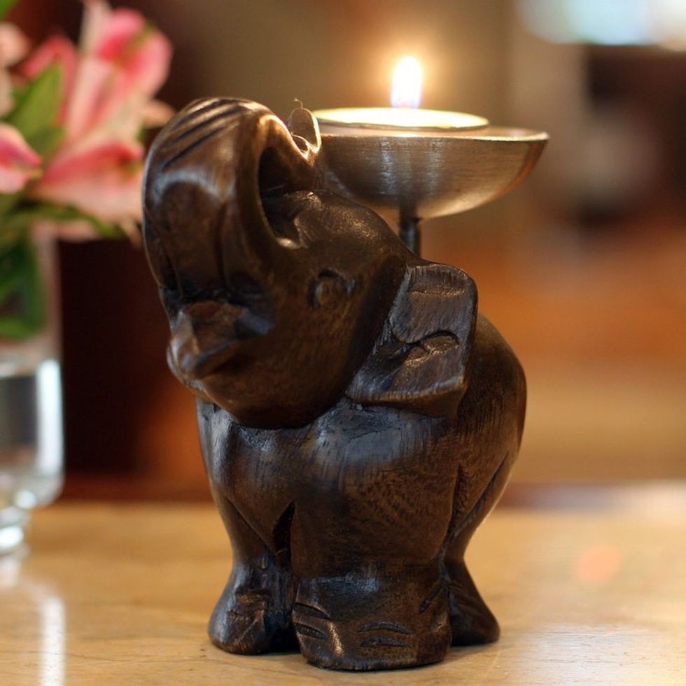 Fair Trade Mango Wood Candle Holder 'Elephant of Old Siam'