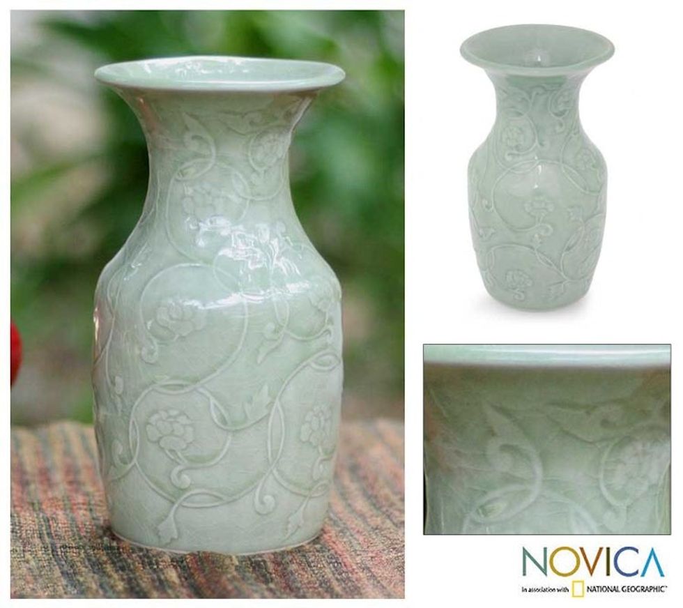 Celadon Ceramic Vase 'Floral Fantasy'
