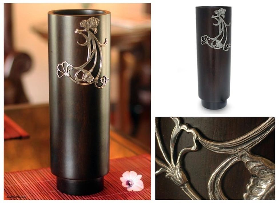 Mango wood and pewter vase 'Dance of the Flowers'