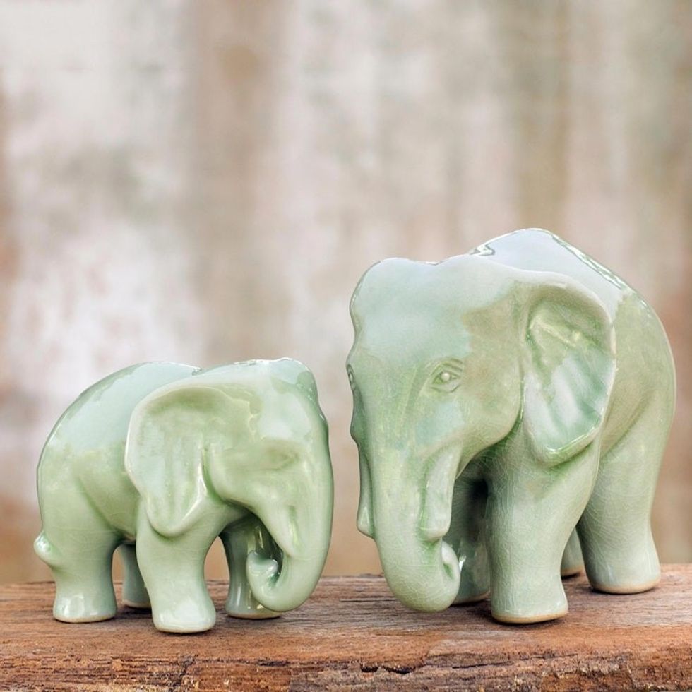 Celadon ceramic statuettes Pair 'Lovely Family'
