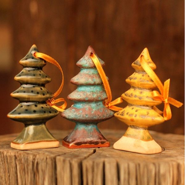 Alternate image for Celadon ceramic Christmas ornaments Set of 3 Winter Pines