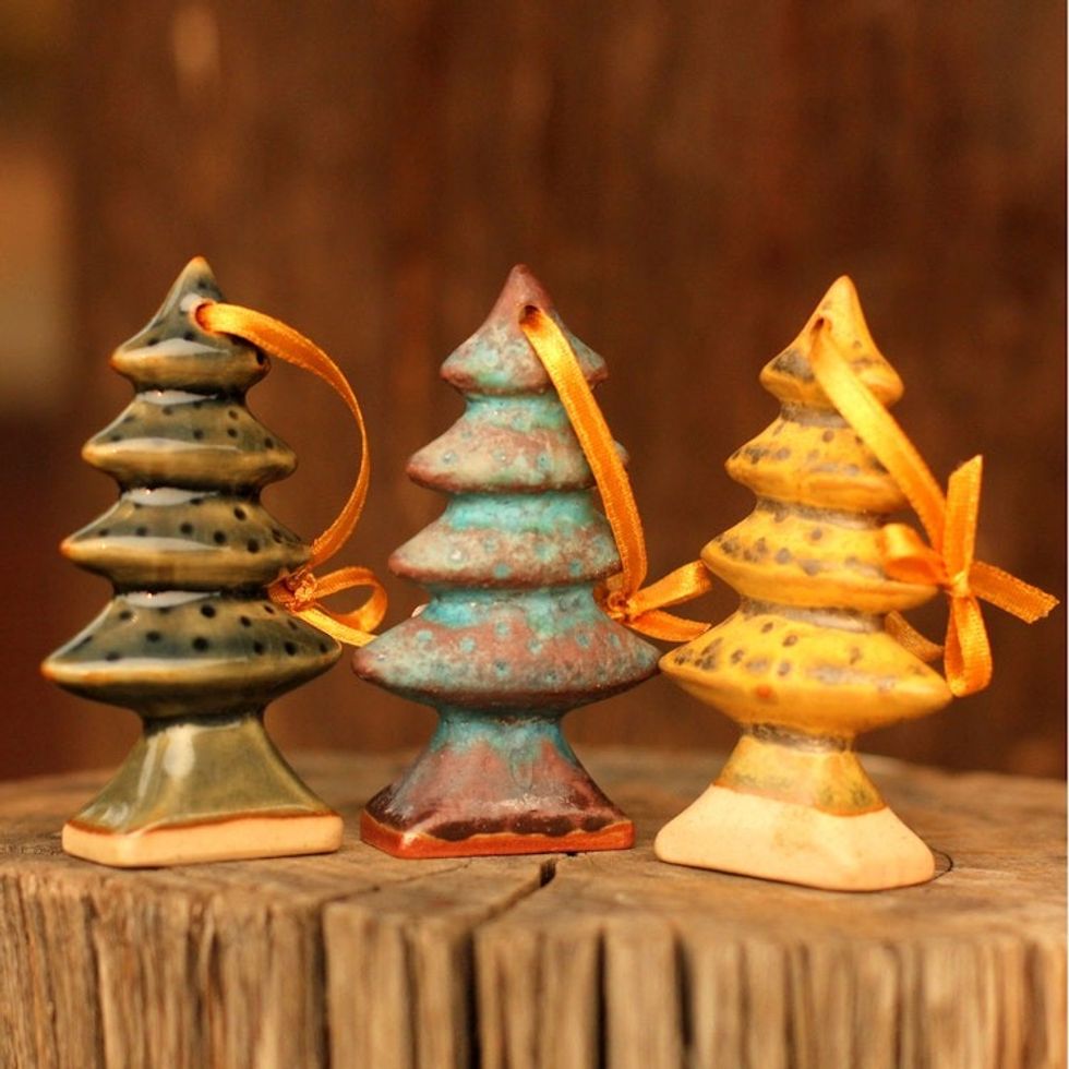 Celadon ceramic Christmas ornaments Set of 3 'Winter Pines'