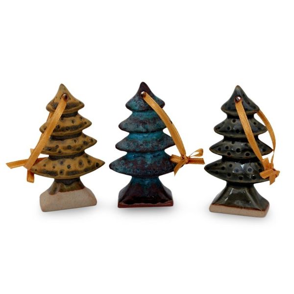 Alternate image for Celadon ceramic Christmas ornaments Set of 3 Winter Pines